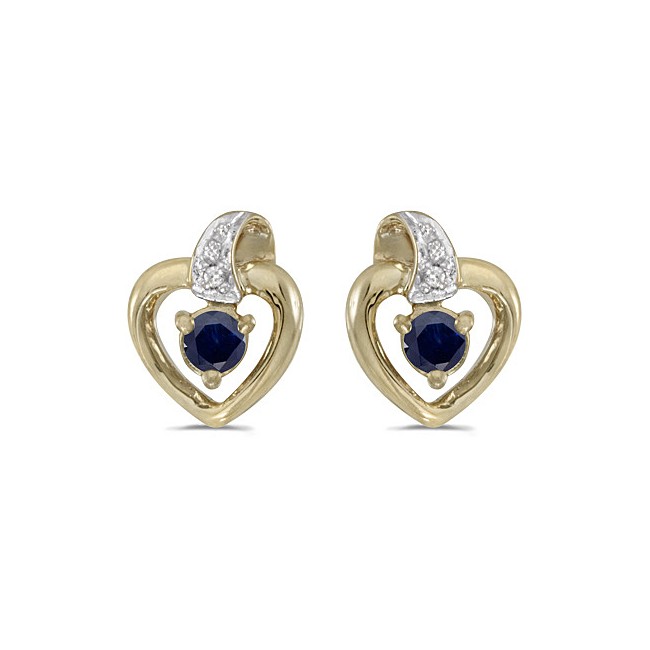 14k Yellow Gold Round Sapphire And Diamond Heart Earrings