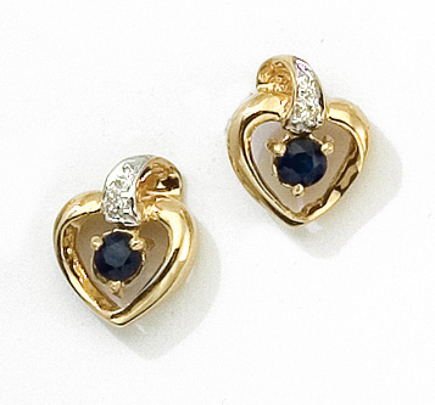 14k Yellow Gold Round Sapphire And Diamond Heart Earrings