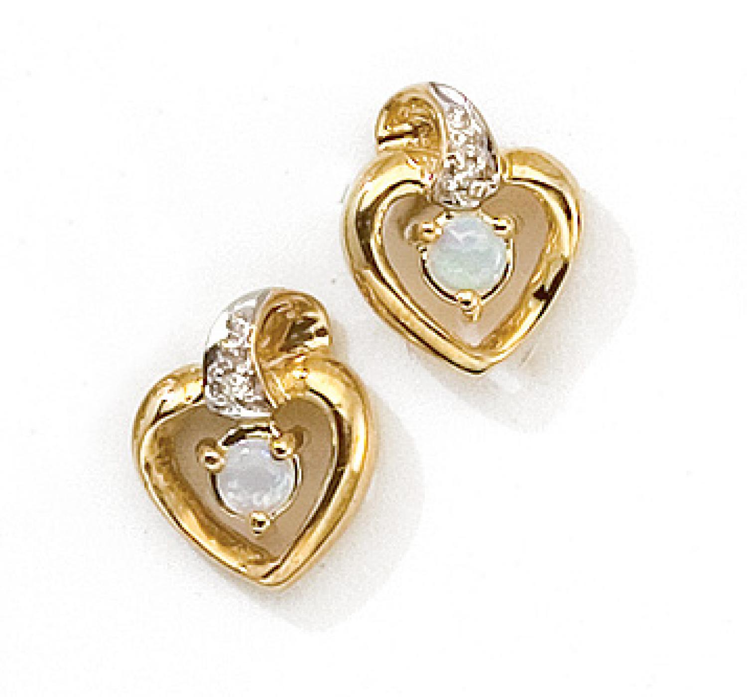 14k Yellow Gold Round Opal And Diamond Heart Earrings