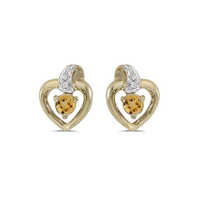 14k Yellow Gold Round Citrine And Diamond Heart Earrings