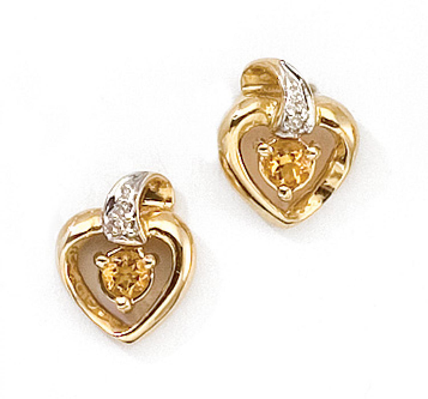 14k Yellow Gold Round Citrine And Diamond Heart Earrings