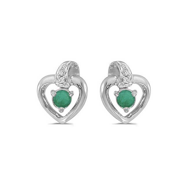 14k White Gold Round Emerald And Diamond Heart Earrings