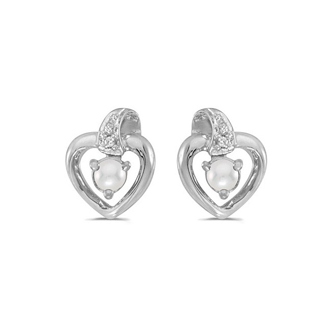 14k White Gold Pearl And Diamond Heart Earrings