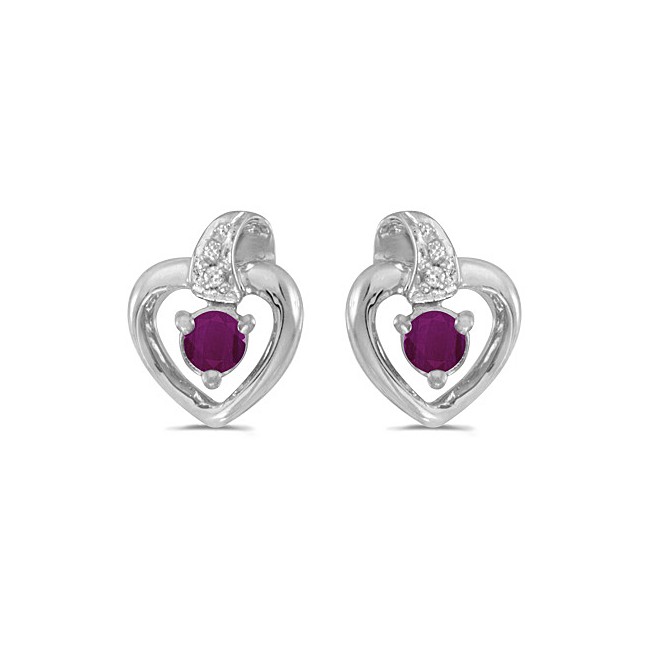 14k White Gold Round Ruby And Diamond Heart Earrings