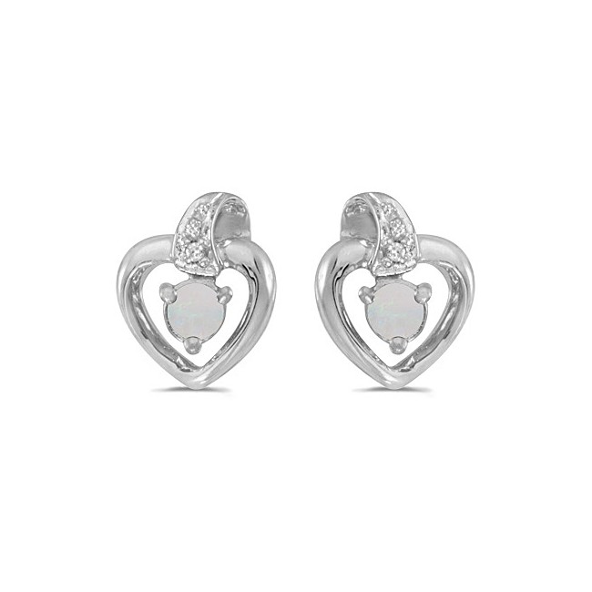 14k White Gold Round Opal And Diamond Heart Earrings