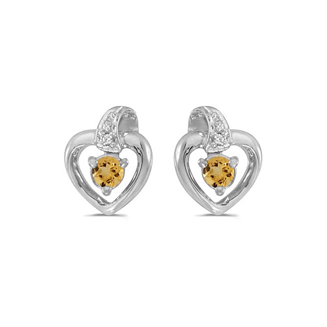 14k White Gold Round Citrine And Diamond Heart Earrings