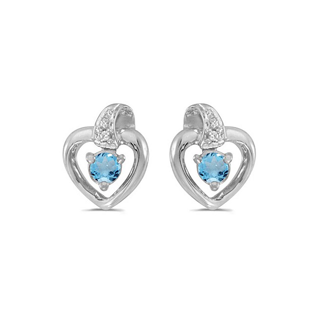 14k White Gold Round Blue Topaz And Diamond Heart Earrings