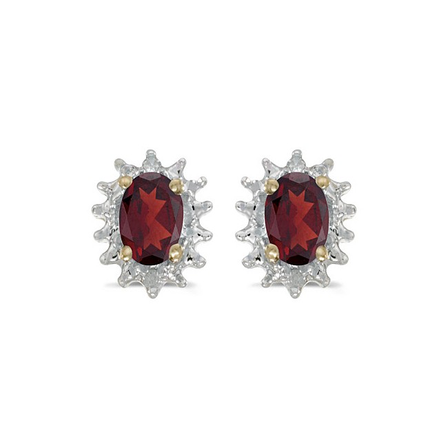 14k Yellow Gold Oval Garnet And Diamond Earrings