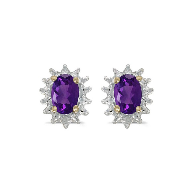 14k Yellow Gold Oval Amethyst And Diamond Earrings