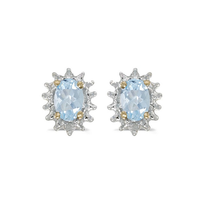 14k Yellow Gold Oval Aquamarine And Diamond Earrings