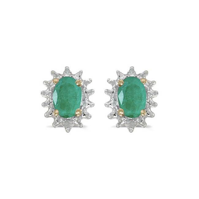 14k Yellow Gold Oval Emerald And Diamond Earrings