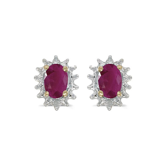 14k Yellow Gold Oval Ruby And Diamond Earrings