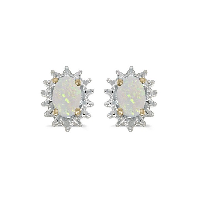 14k Yellow Gold Oval Opal And Diamond Earrings