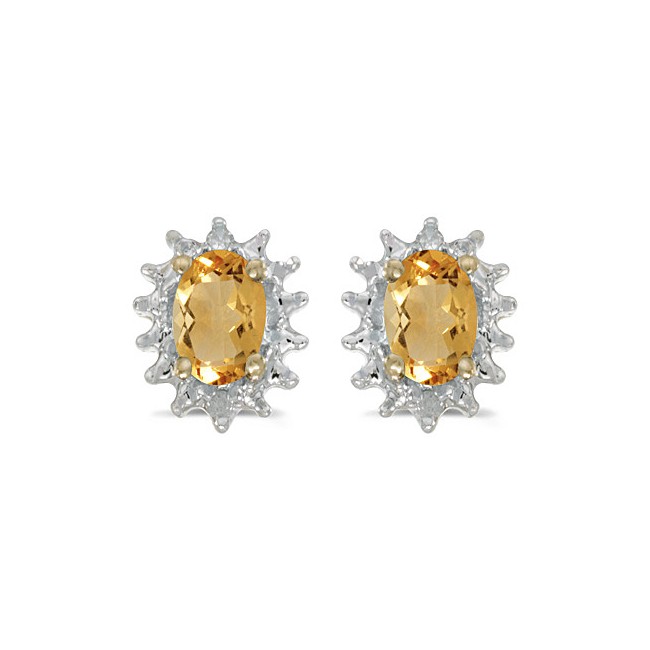 14k Yellow Gold Oval Citrine And Diamond Earrings