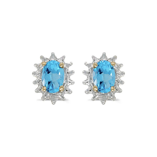 14k Yellow Gold Oval Blue Topaz And Diamond Earrings