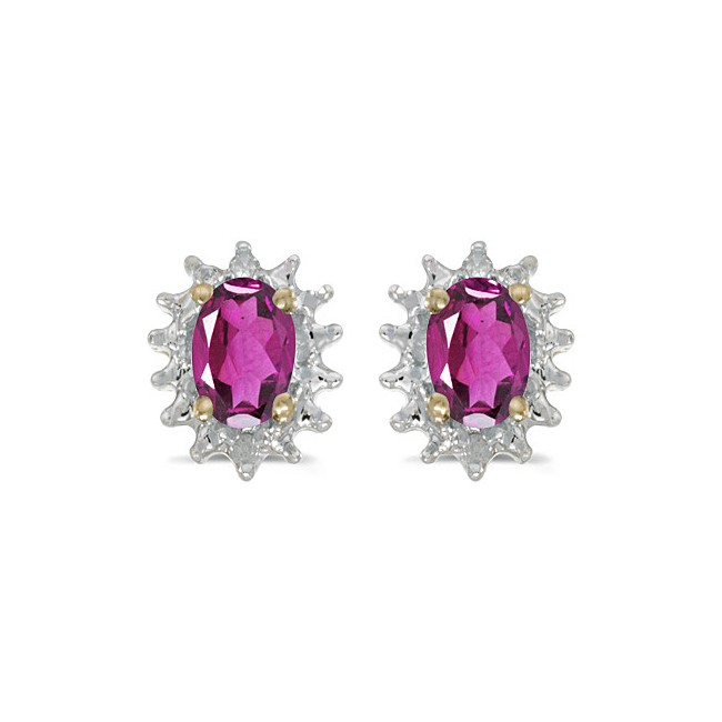 14k Yellow Gold Oval Pink Topaz And Diamond Earrings