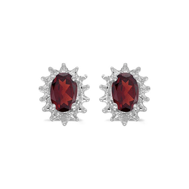 14k White Gold Oval Garnet And Diamond Earrings