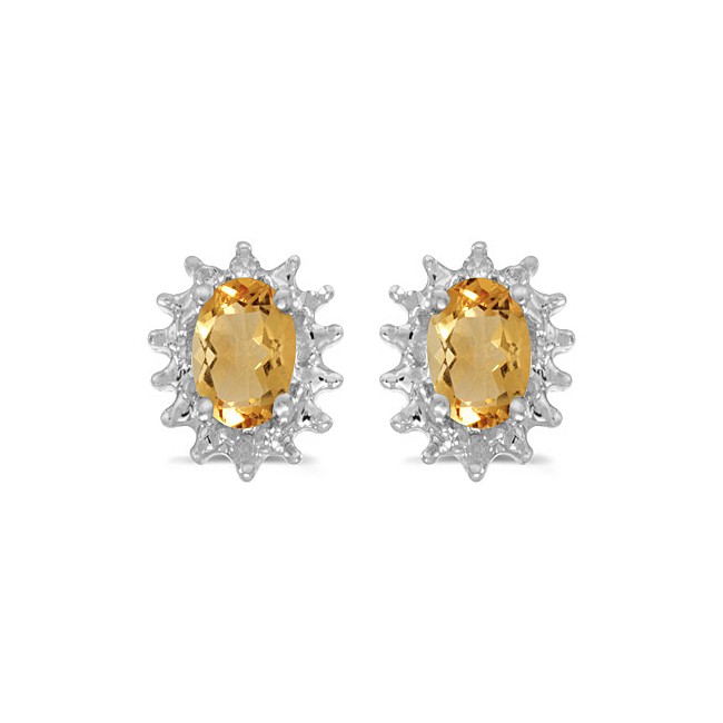 14k White Gold Oval Citrine And Diamond Earrings