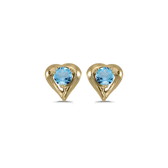 14k Yellow Gold Round Blue Topaz Heart Earrings
