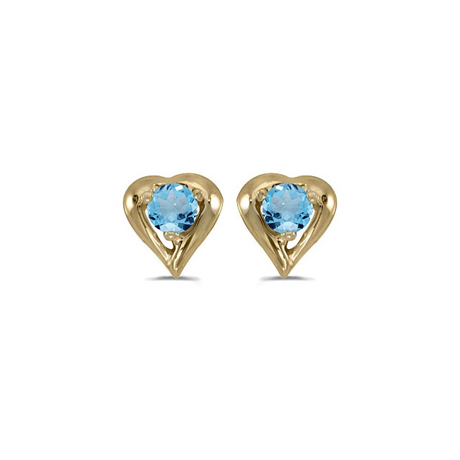 14k Yellow Gold Round Blue Topaz Heart Earrings