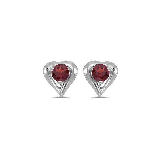 14k White Gold Round Garnet Heart Earrings