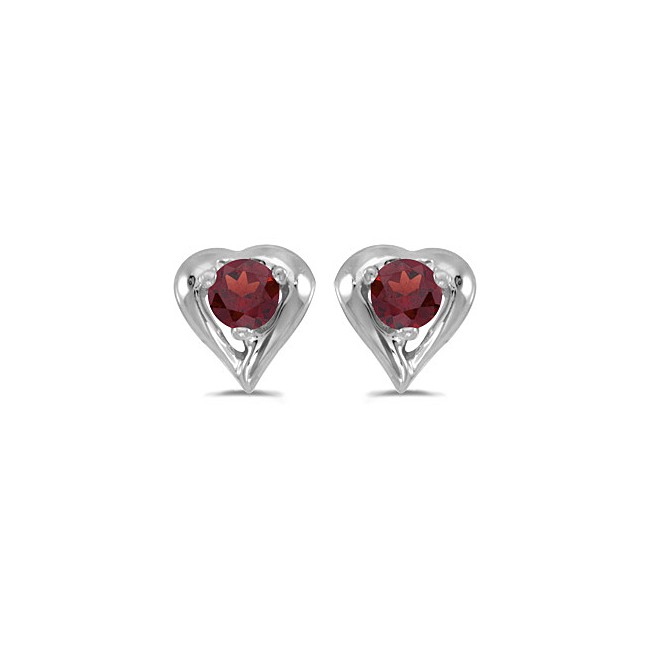 14k White Gold Round Garnet Heart Earrings