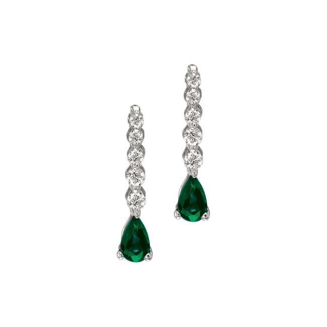 14K White Gold Graduated Diamond and Pear Emerald Drop Earrings
