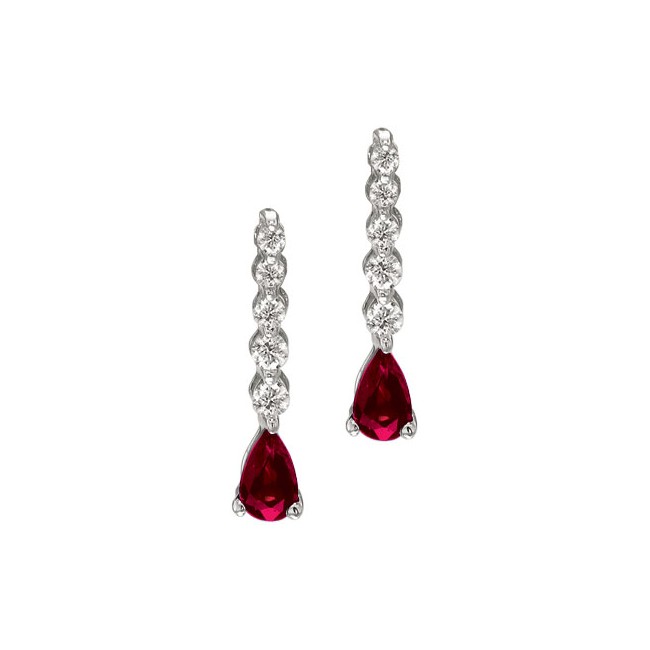 14K White Gold Graduated Diamond and Pear Ruby Drop Earrings