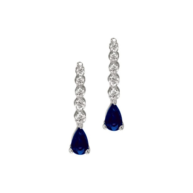 14K White Gold Graduated Diamond and Pear Sapphire Drop Earrings