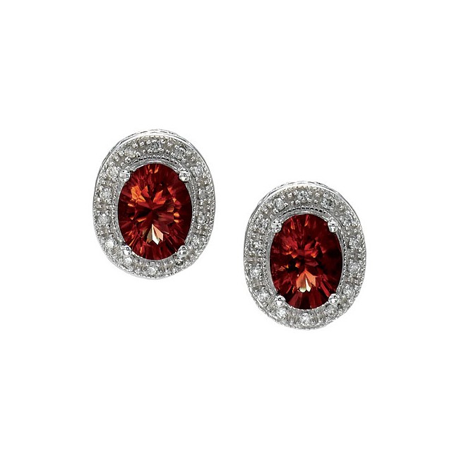 14K White Gold 8x6 Oval Garnet and Diamond Earrings