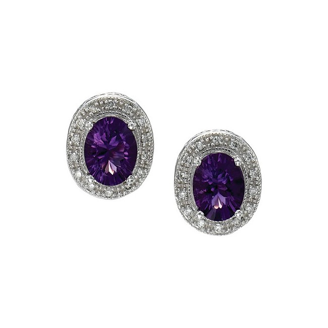 14K White Gold 8x6 Oval Amethyst and Diamond Earrings