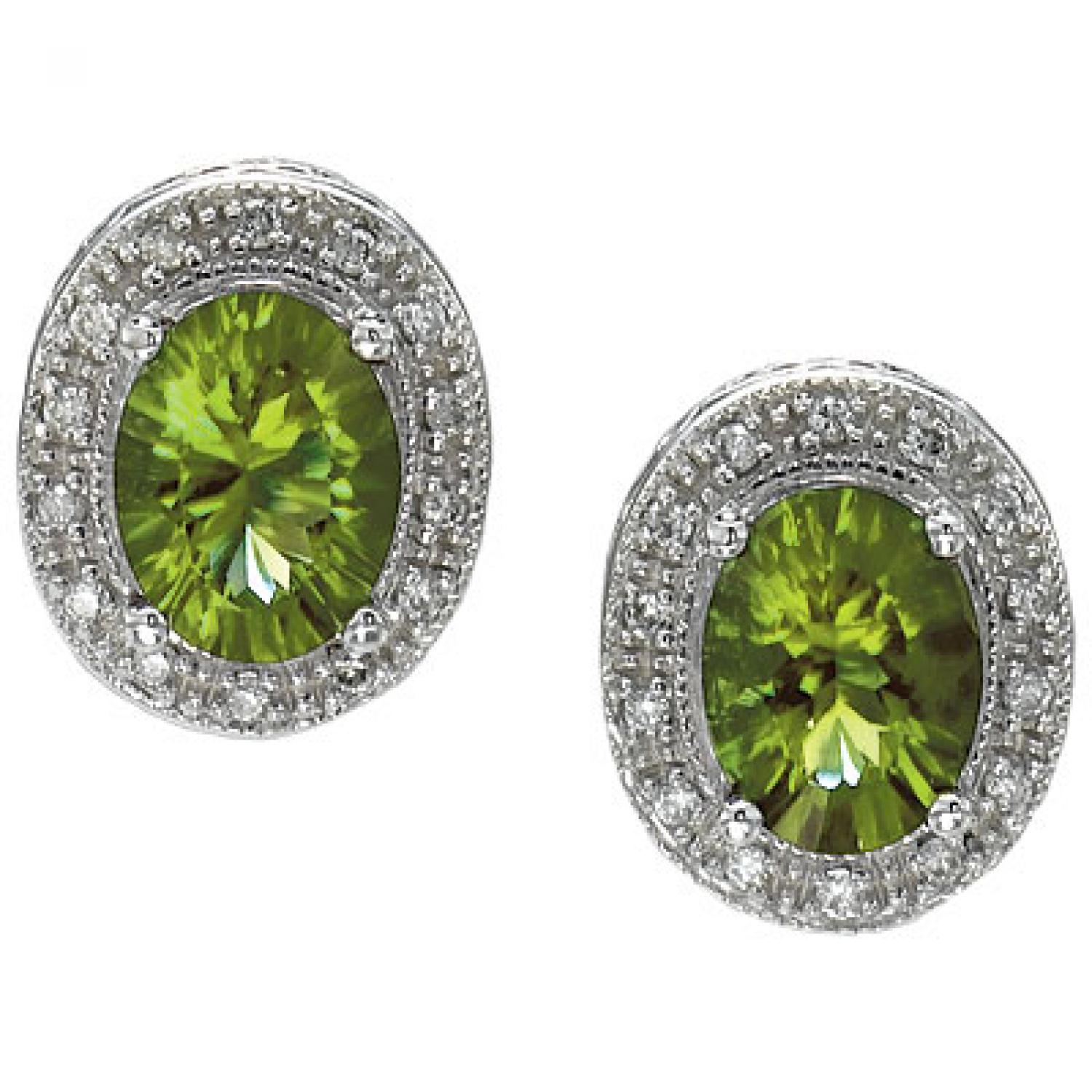 14K White Gold 8x6 Oval Peridot and Diamond Earrings