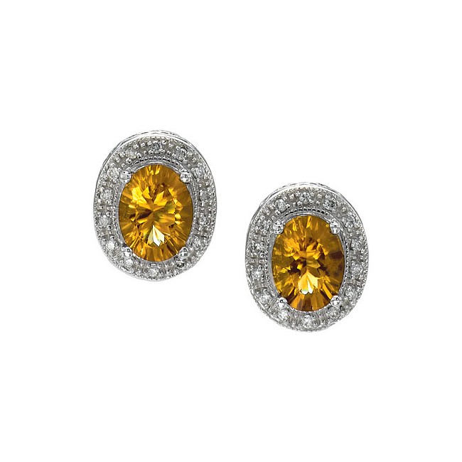 14K White Gold 8x6 Oval Citrine and Diamond Earrings