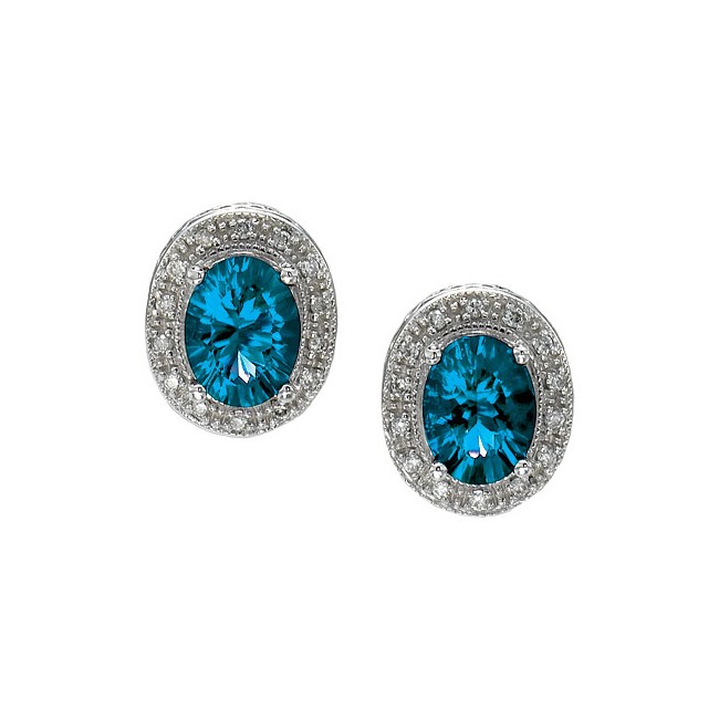 14K White Gold 8x6 Oval Blue Topaz and Diamond Earrings