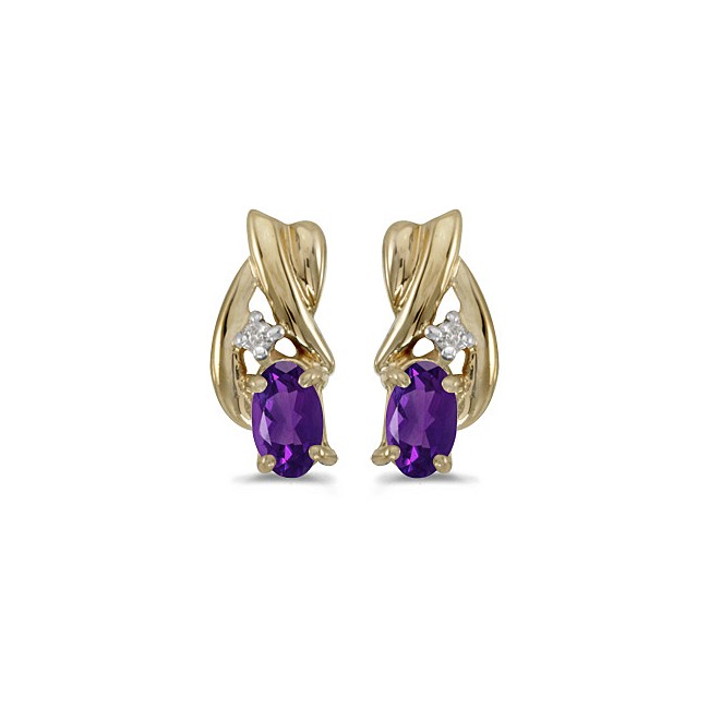 14k Yellow Gold Oval Amethyst And Diamond Earrings