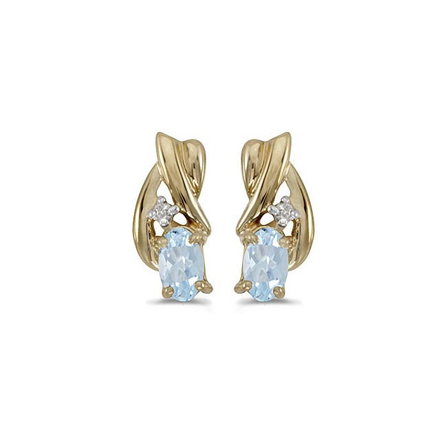 14k Yellow Gold Oval Aquamarine And Diamond Earrings