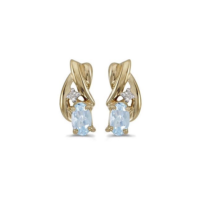 14k Yellow Gold Oval Aquamarine And Diamond Earrings