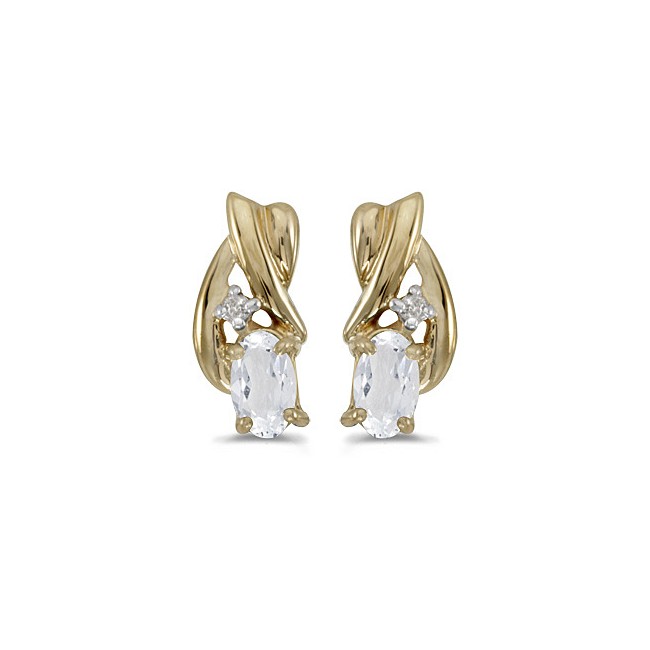 14k Yellow Gold Oval White Topaz And Diamond Earrings 