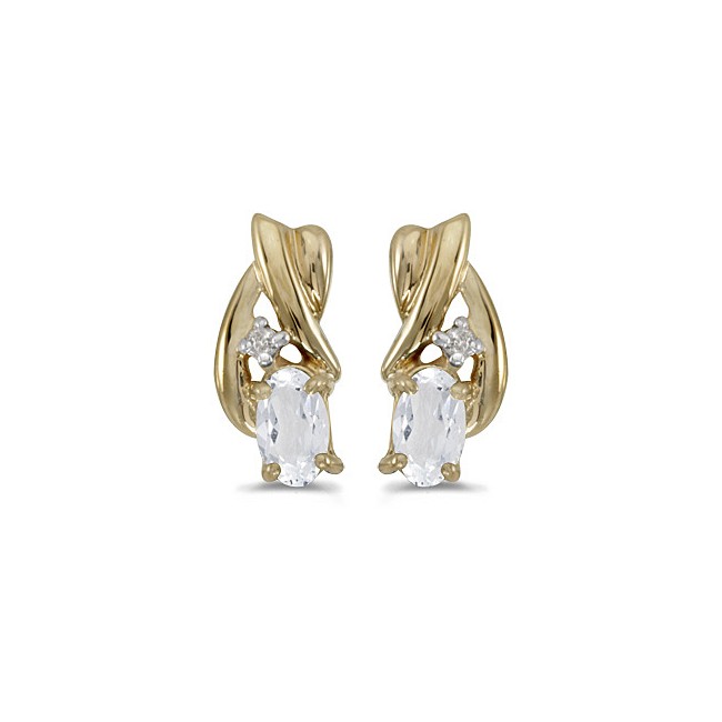 14k Yellow Gold Oval White Topaz And Diamond Earrings