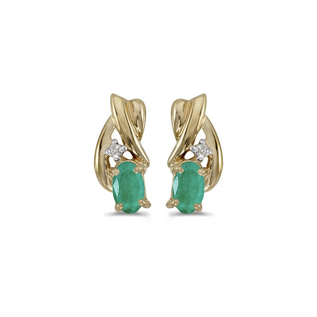 14k Yellow Gold Oval Emerald And Diamond Earrings