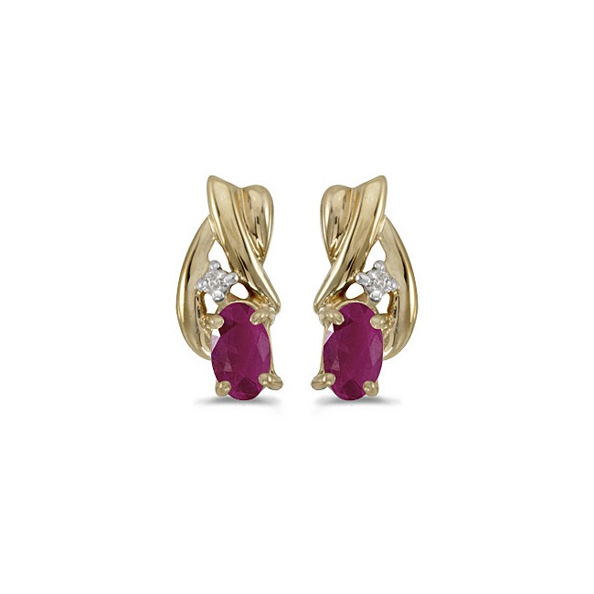 14k Yellow Gold Oval Ruby And Diamond Earrings