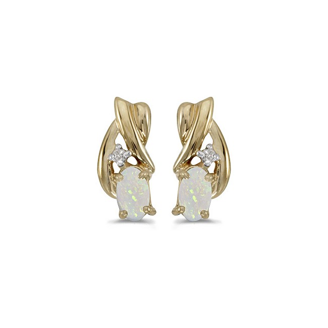 14k Yellow Gold Oval Opal And Diamond Earrings