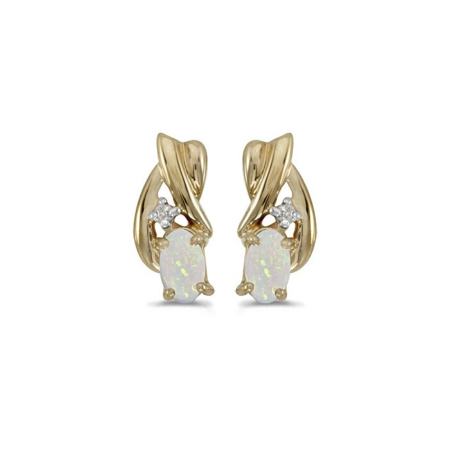 14k Yellow Gold Oval Opal And Diamond Earrings