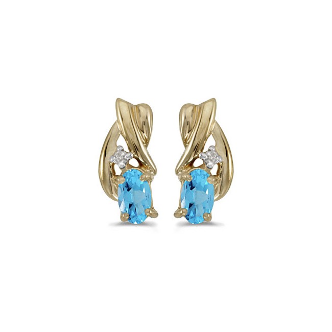 14k Yellow Gold Oval Blue Topaz And Diamond Earrings