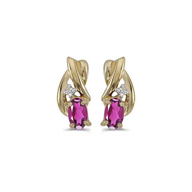 14k Yellow Gold Oval Pink Topaz And Diamond Earrings