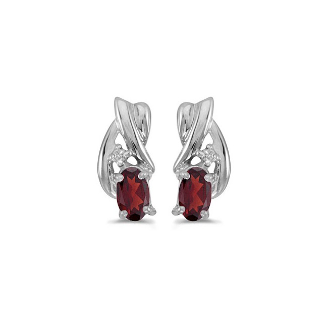 14k White Gold Oval Garnet And Diamond Earrings