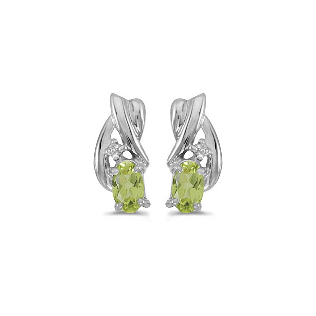 14k White Gold Oval Peridot And Diamond Earrings