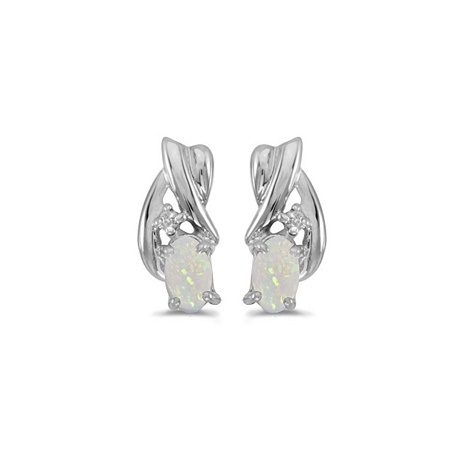 14k White Gold Oval Opal And Diamond Earrings