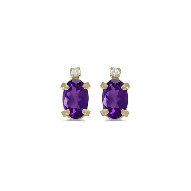 14k Yellow Gold Oval Amethyst And Diamond Earrings