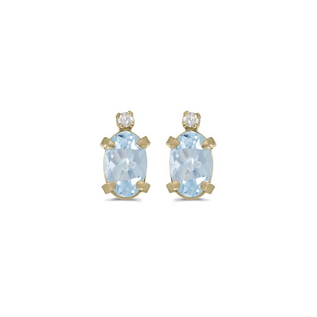 14k Yellow Gold Oval Aquamarine And Diamond Earrings